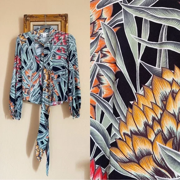 REVOLVE MARA HOFFMAN Black Green Red Tropical Print Tie Neck Deep V Blouse Top - Picture 10 of 15